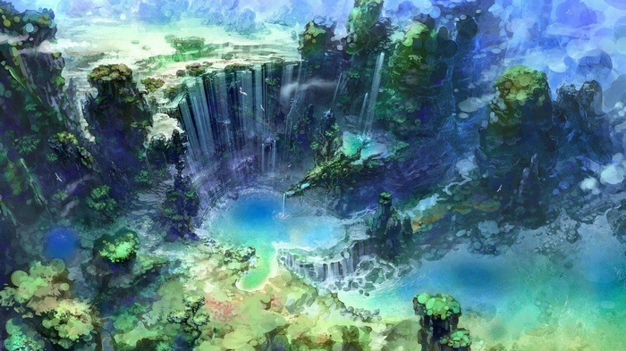 Fantasy art of a vibrant waterfall landscape