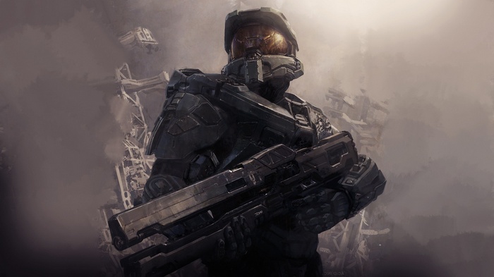 Master Chief holding a weapon in a destroyed environment