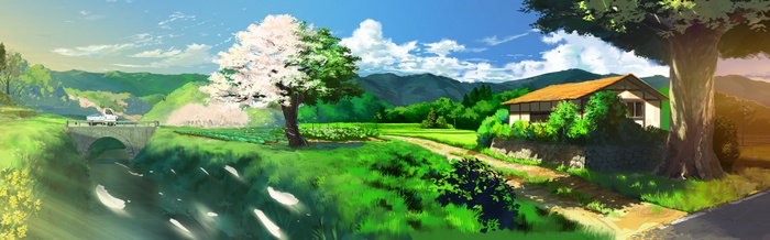 Anime artwork of a rural landscape with a house and cherry blossom tree
