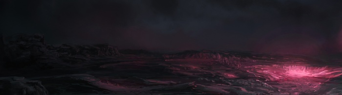 Dark fantasy landscape with glowing pink crater