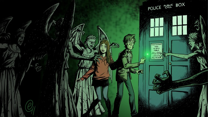 Doctor Who and Amy Pond facing Weeping Angels