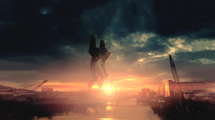 EVA Unit 01 stands against a dramatic sunset
