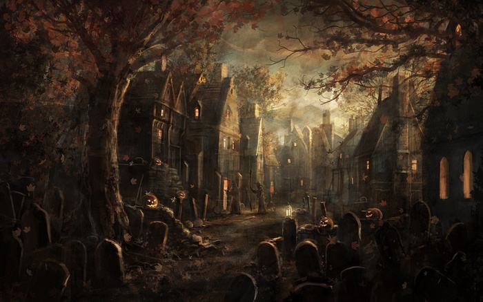 Halloween village with tombstones and pumpkins