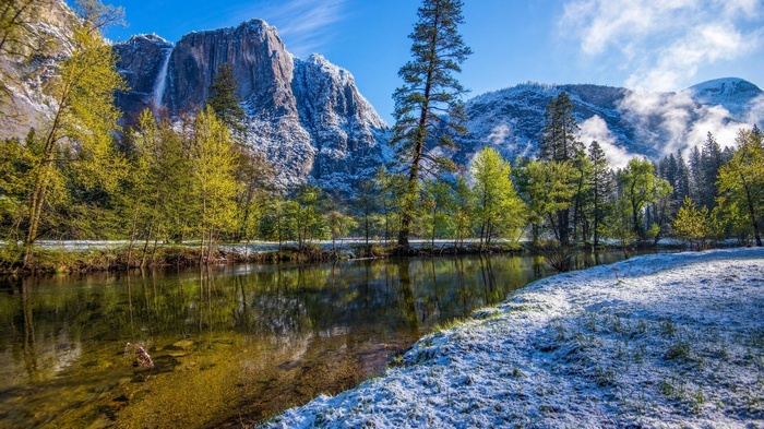 Yosemite National Park with snow and waterfall