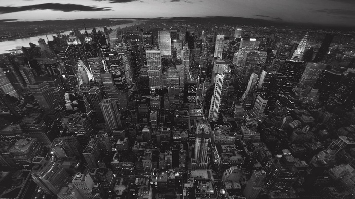 Monochrome aerial view of New York City at night