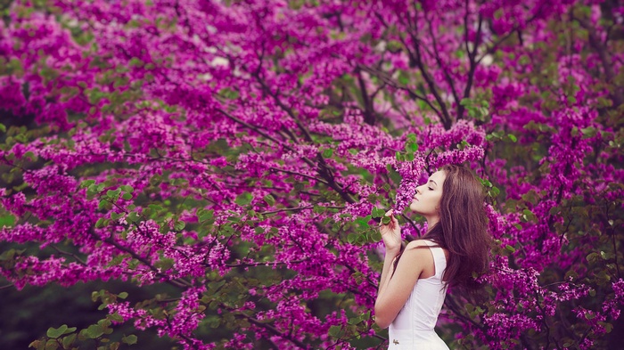Woman smelling purple flowers on a tree