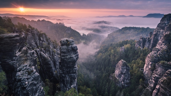 Sunrise over Bastei Bridge, Saxon Switzerland National Park, Germany