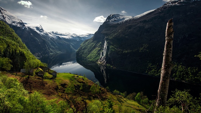 Norway fjord with mountains, waterfalls, and houses