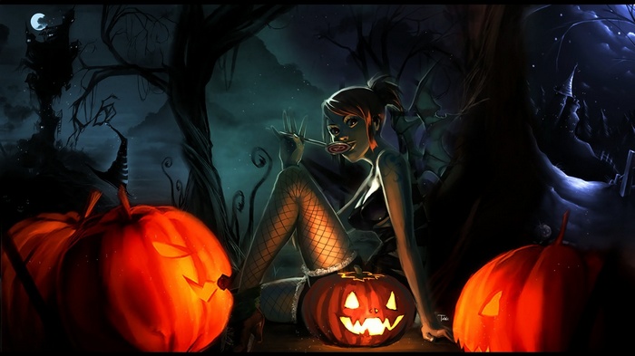 Anime girl with lollipop and pumpkins on Halloween