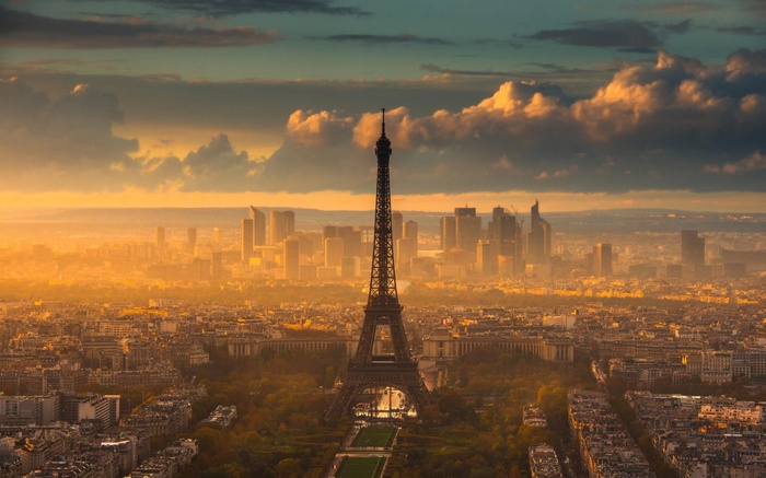 Eiffel Tower and Paris skyline at sunset
