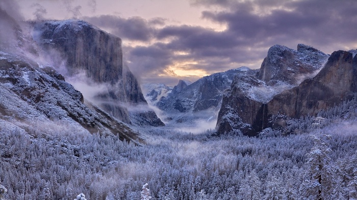 Snowy Yosemite National Park Valley at Dusk