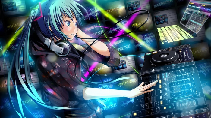 Hatsune Miku DJing with Neon Lights and Music Equipment