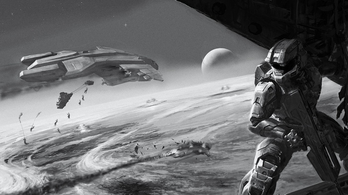 Halo soldiers parachuting from a spaceship onto a planet