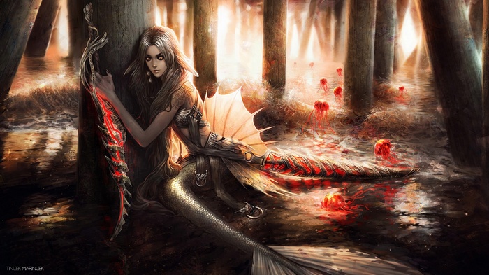 Fantasy Naga with glowing sword by wooden pillars