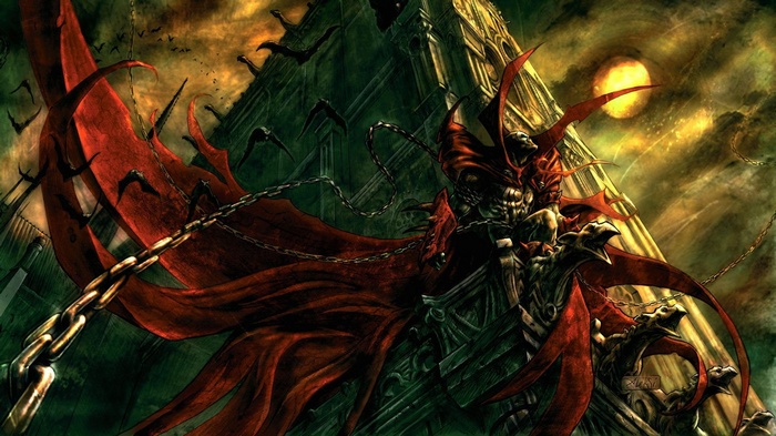 Spawn sitting on a throne with bats and chains