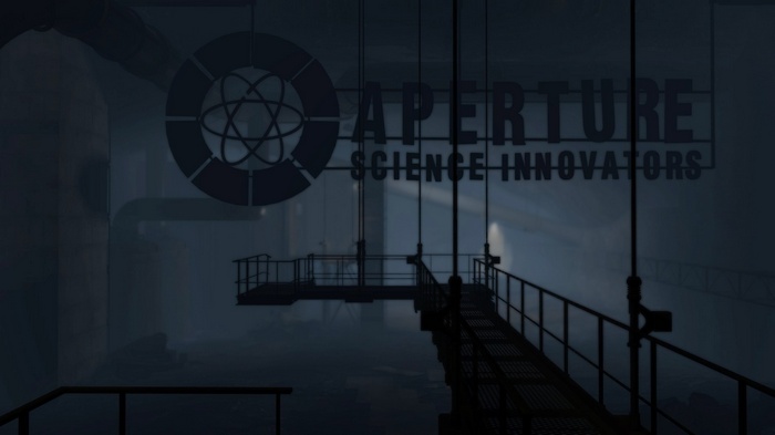 Aperture Science Innovators logo in a foggy industrial setting