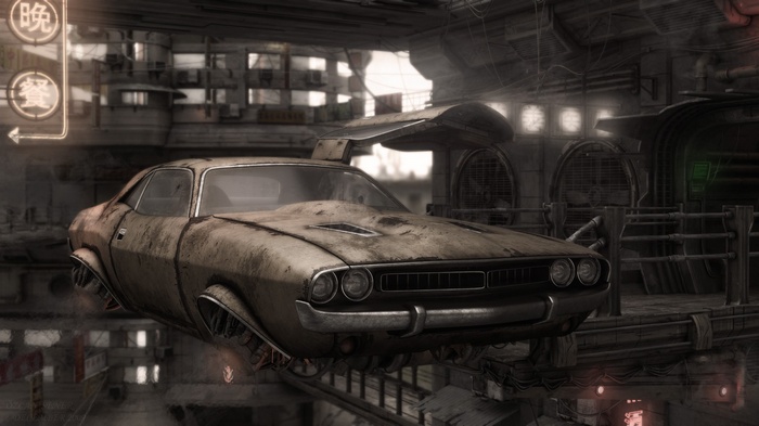 Futuristic flying muscle car in a cyberpunk city