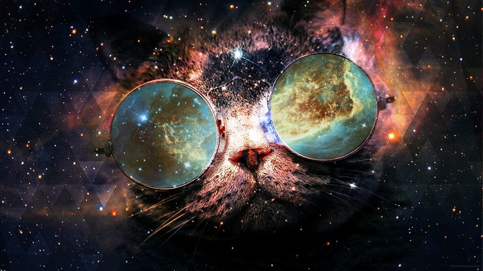 Cat wearing glasses with space nebula in lenses
