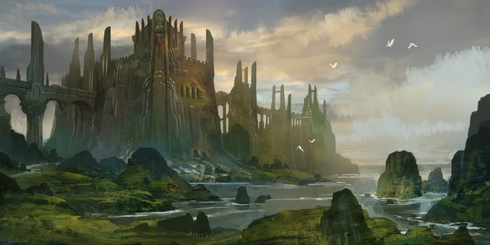 Fantasy castle ruins on a rocky coast