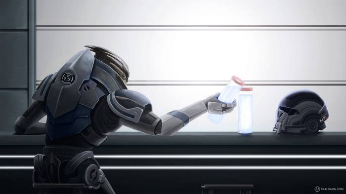 Garrus Vakarian from Mass Effect holding vials