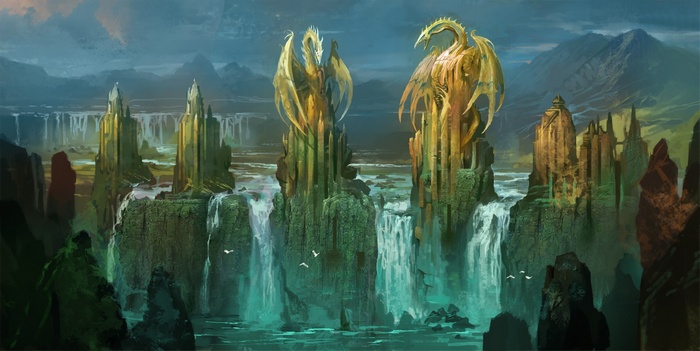 Fantasy art of golden dragons atop waterfalls