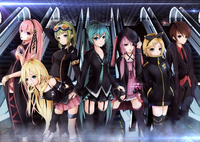 Vocaloid characters posing on escalators