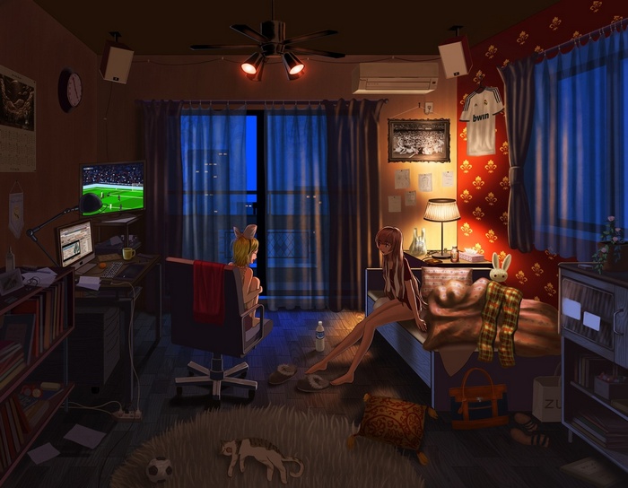 Megurine Luka and Kagamine Rin in a bedroom