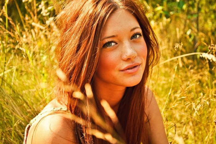 face, women outdoors, long hair, freckles, open mouth, blue eyes, model, redhead, grass, Lindsay Hansen, anime, filter, women, field