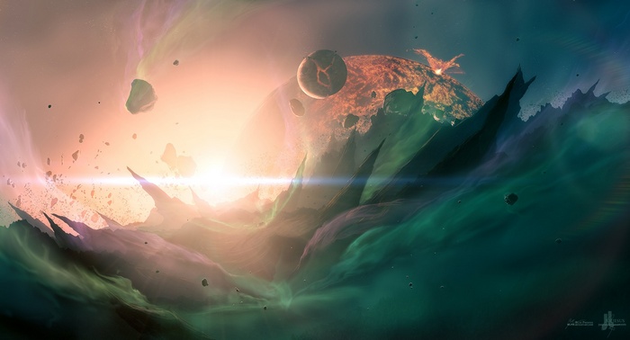 Space art with planets and asteroids