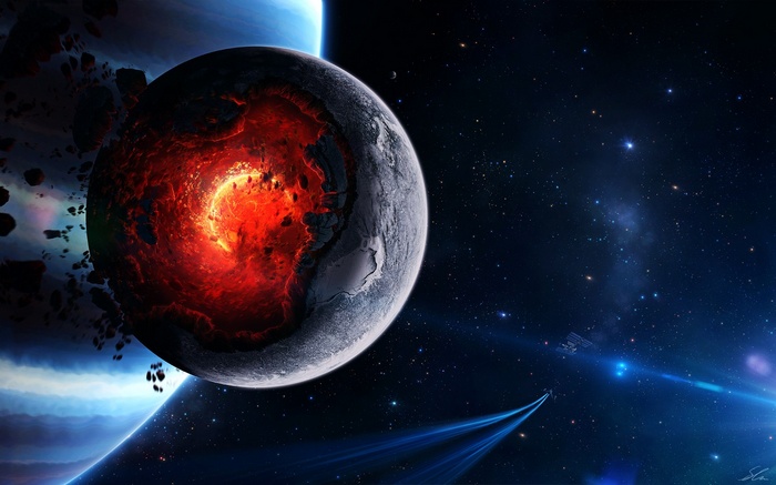 Apocalyptic planet in space art with asteroids