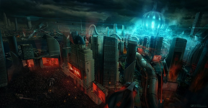 Futuristic city under a dark sky with a glowing orb