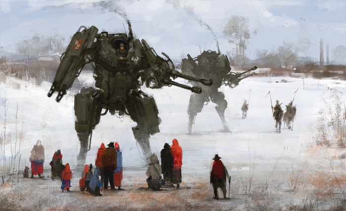 Jakub Różalski painting of mechs in a snowy landscape