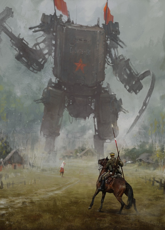 Jakub Różalski's painting of a giant mech in a village