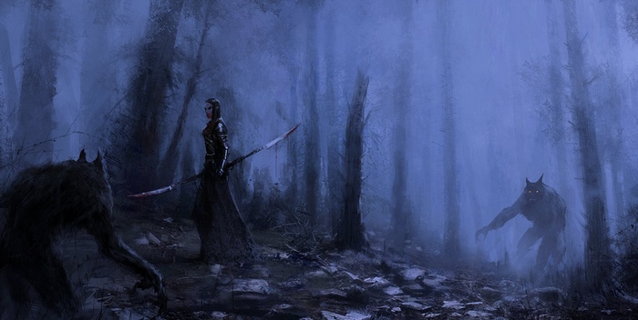 Woman with sword fighting werewolves in a foggy forest