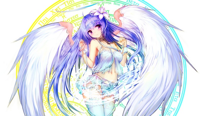 wings, thigh-highs, original characters, purple hair, purple eyes, long hair, anime, anime girls, angel