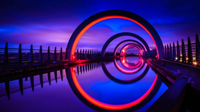 reflection, UK, night, Scotland, Falkirk Wheel, architecture