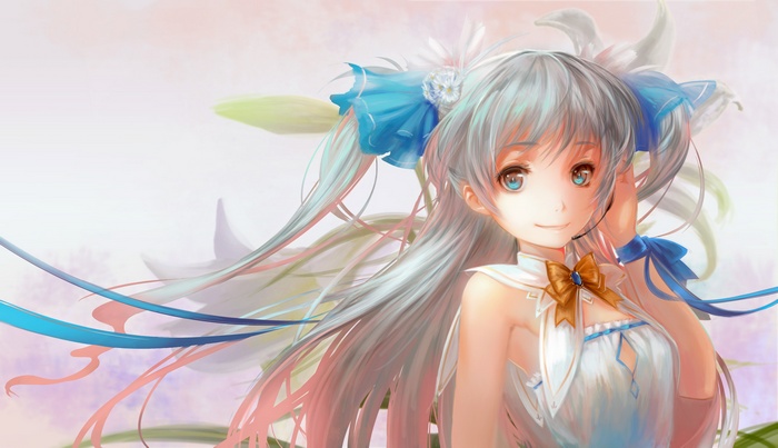 Anime girl with silver hair and blue ribbons