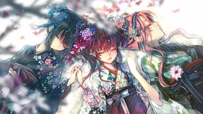 Three anime girls in kimonos sleeping