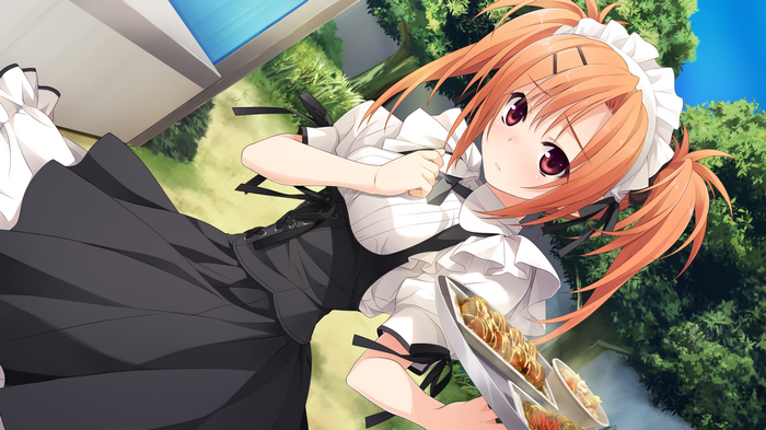 Sumeragi Ayaka in a maid outfit holding food