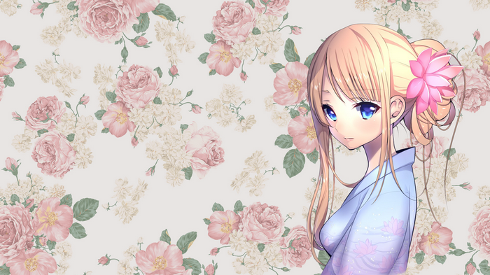 Anime girl with blonde hair and blue eyes in traditional clothing