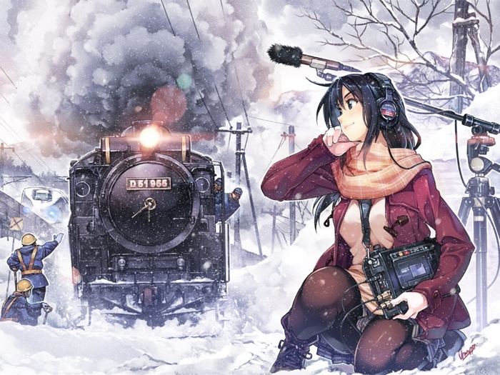 Anime girl recording a steam train in the snow