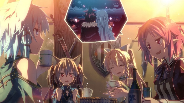Anime girls with cat ears drinking tea