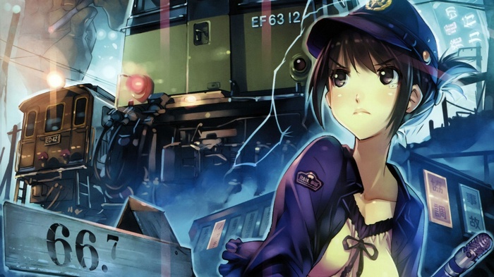 Anime girl in uniform with trains