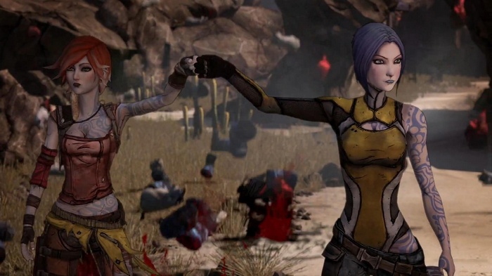 Lilith and Maya from Borderlands 2 fist bump
