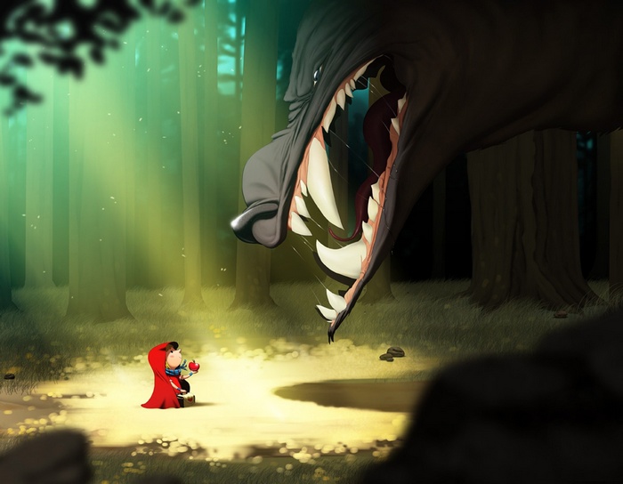 Little Red Riding Hood confronts a giant wolf in a forest