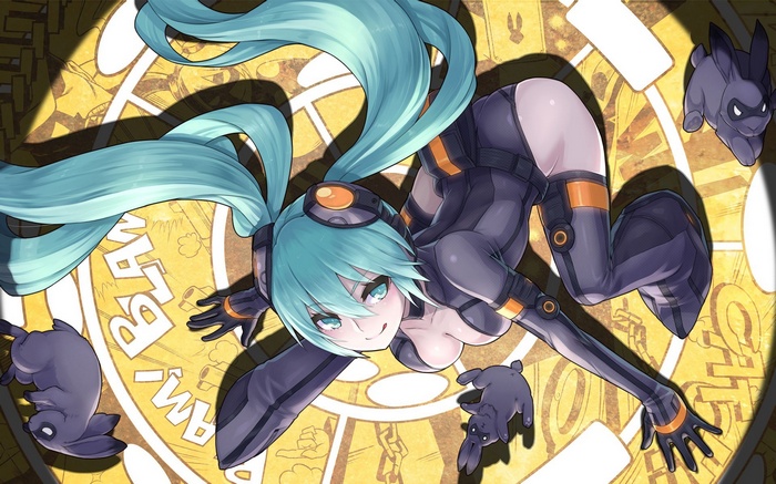 Hatsune Miku in a black and orange suit with rabbits