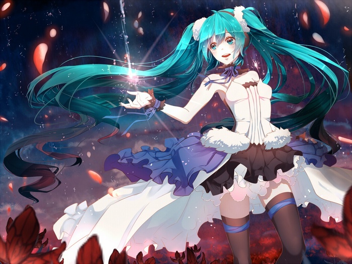 Hatsune Miku in a white and blue dress with flowing hair