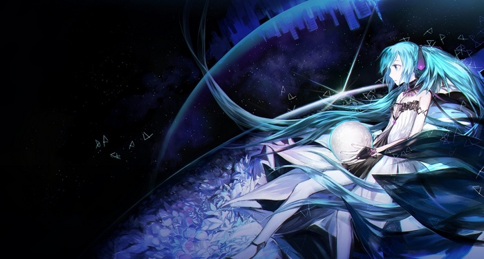 Hatsune Miku in a cosmic, abstract landscape