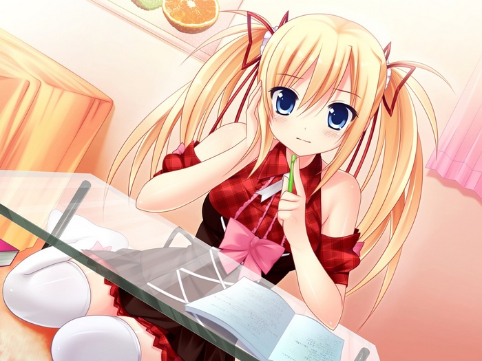 Sawatari Saki with blonde pigtails holding a pen
