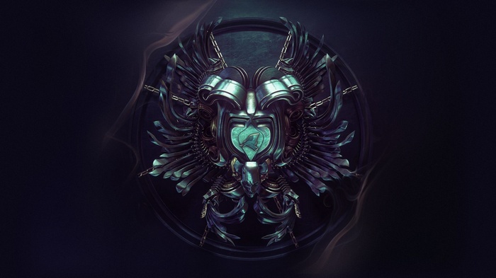 Dark mechanical wings with a heart emblem